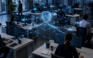 Oficina moderna con red de inteligencia artificial sobre trabajadores