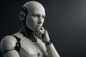 Robot humanoide en pose pensativa sobre fondo oscuro tecnológico.