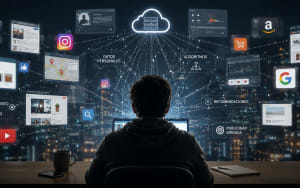 Usuario rodeado de plataformas digitales y algoritmos
