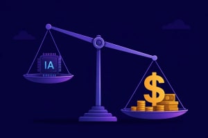 Balanza que compara los costes económicos de la inteligencia artificial con su uso empresarial