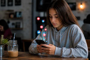 Adolescente usando redes sociales desde su smartphone.