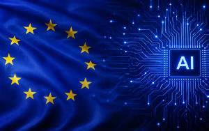 Bandera de la Unión Europea junto a un circuito que representa la inteligencia artificial.