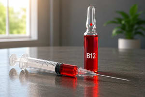 Ampolla de vitamina B12 y jeringa sobre una mesa.