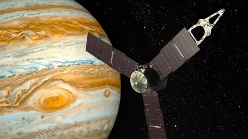 Representación gráfica de una sonda espacial en el espacio, destacando su estructura y componentes tecnológicos.