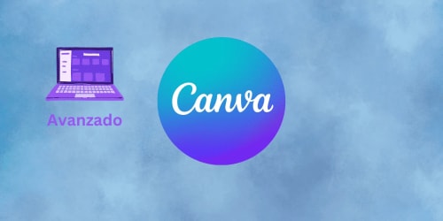 Logo de Canva en un fondo azul con efecto de acuarela. A la izquierda, un icono de laptop en color morado con la palabra 'Avanzado' debajo