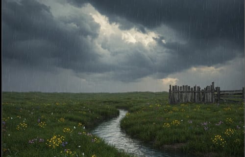 Lluvia cayendo sobre un campo con flores bajo nubes oscuras, ejemplo de precipitación meteorológica