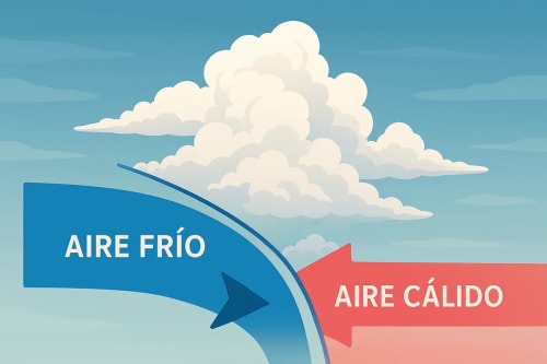 Ilustración educativa que muestra el avance de una masa de aire frío desplazando al aire cálido, con formación de nubes en la zona de contacto.