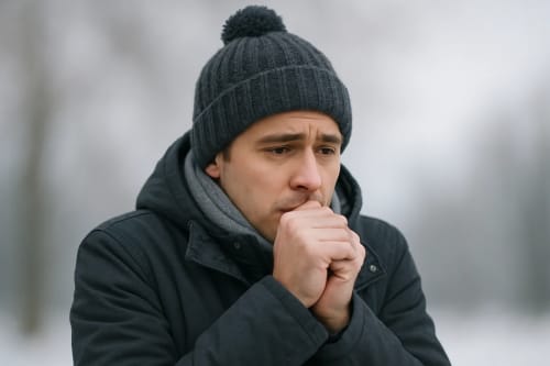 Hombre joven abrigado con gorro de lana y gesto natural de frío en un entorno invernal