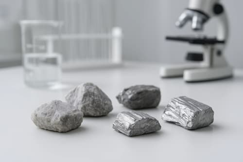 Muestras de litio en estado mineral y metálico sobre una mesa de laboratorio