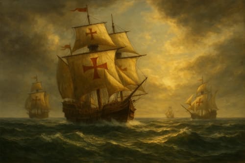 Pintura al óleo de carabelas con cruces rojas en sus velas navegando en alta mar durante la era de los descubrimientos