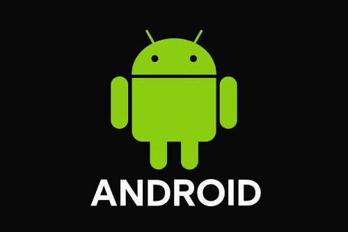Logo de Android con el clásico robot verde de pie sobre fondo negro y texto Android debajo