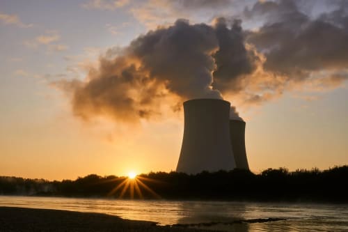 Paneles solares y aerogeneradores junto a un pequeño dique, al atardecer