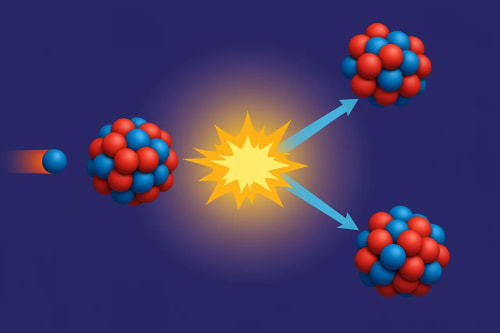 Ilustración de fisión nuclear con núcleos rojos y azules dividiéndose tras una explosión.