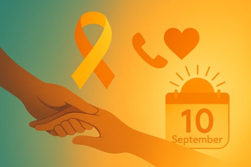Ilustración horizontal con cinta naranja-amarilla de prevención del suicidio, dos manos que se sostienen y un calendario del 10 de septiembre sobre fondo cálido y esperanzador