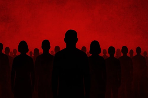 Ilustración conceptual de siluetas humanas oscuras en fila sobre un fondo rojo difuso, simbolizando la deshumanización y la gravedad del genocidio
