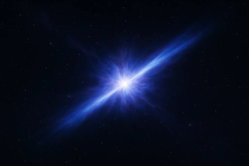 Ilustración artística de un estallido de rayos gamma con chorros de energía en el espacio profundo
