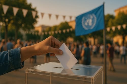 Mano introduciendo una papeleta en una urna transparente durante un acto cívico, con bandera de la ONU desenfocada al fondo.