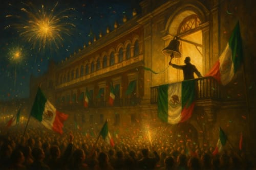 Pintura del grito de independencia en Palacio Nacional con multitudes ondeando banderas y fuegos artificiales en el cielo nocturno