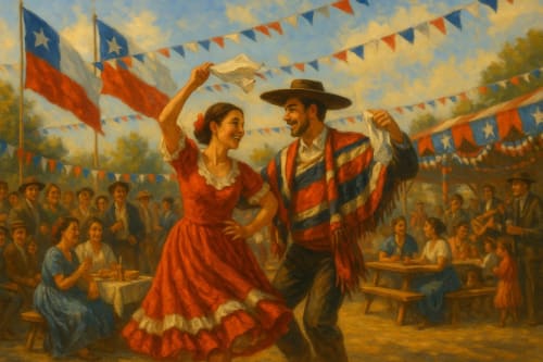 Pintura de las Fiestas Patrias en Chile con banderas, una pareja bailando cueca y gente celebrando el 18 de septiembre en una plaza festiva