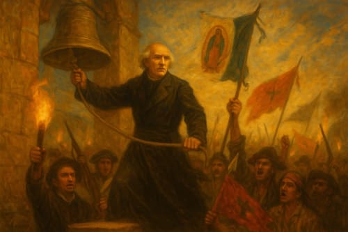 Miguel Hidalgo toca la campana de Dolores rodeado de insurgentes con antorchas y banderas, incluido el estandarte de la Virgen de Guadalupe en 1810