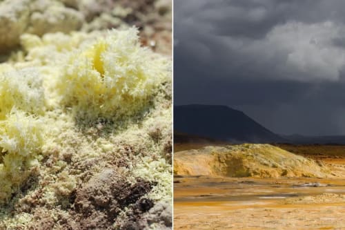 Cristales de azufre amarillo formados en superficie volcánica