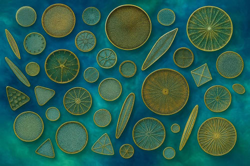 Ilustración artística que representa un conjunto de diatomeas en diferentes formas geométricas circulares, triangulares y alargadas sobre un fondo azul verdoso