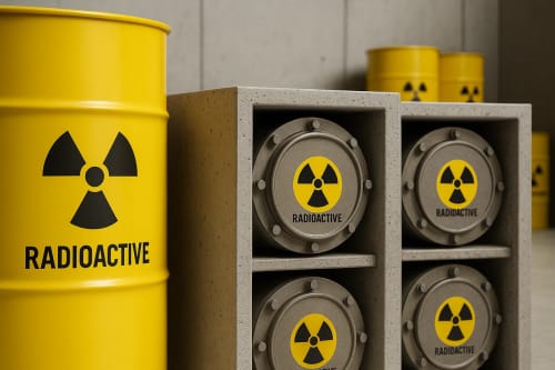 Contenedores de seguridad con símbolos de radiación almacenan residuos radiactivos en una instalación industrial para evitar riesgos ambientales y proteger la salud pública