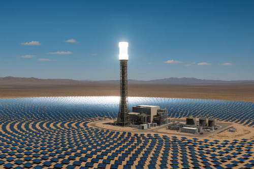 Central termoeléctrica solar en medio del desierto con torre y espejos concentrando la luz del sol