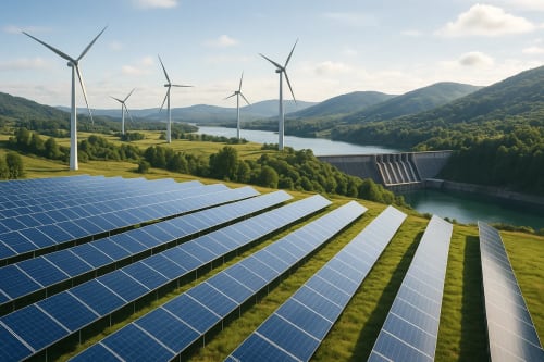 Paisaje con paneles solares, aerogeneradores y una represa hidroeléctrica en un valle