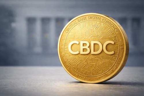 Moneda dorada CBDC con diseño de circuito digital frente a banco desenfocado