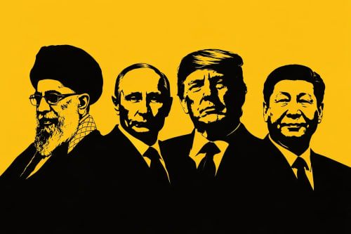 Siluetas de líderes globales en tensión geopolítica