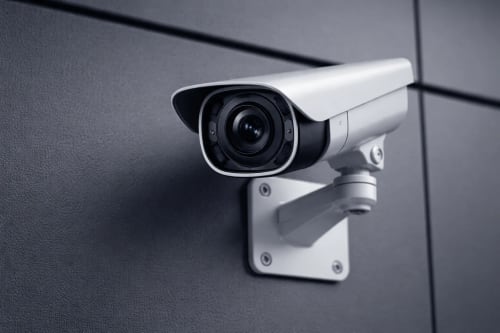 Cámara de videovigilancia instalada en pared gris enfocando al exterior