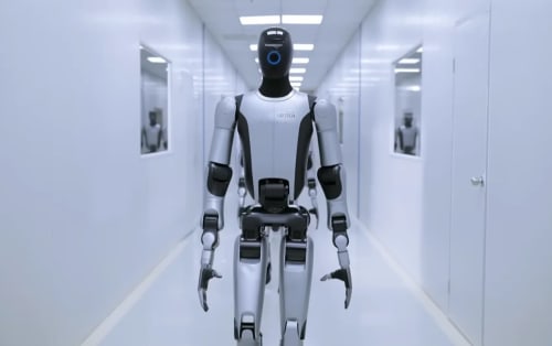 Robot humanoide de UBTECH caminando en un pasillo tecnológico