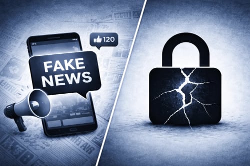 A la izquierda desinformación (“fake news”) y a la derecha candado de seguridad digital
