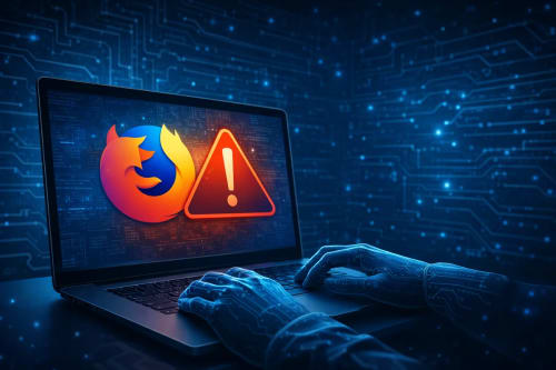 Manos robóticas usando un portátil con el logo de Firefox y una alerta de seguridad en pantalla