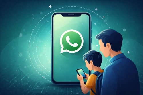 Padre supervisando a un niño usando WhatsApp en el móvil.