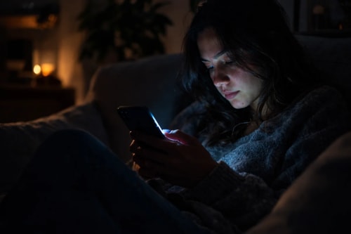 Persona sentada en un sofá mirando su teléfono