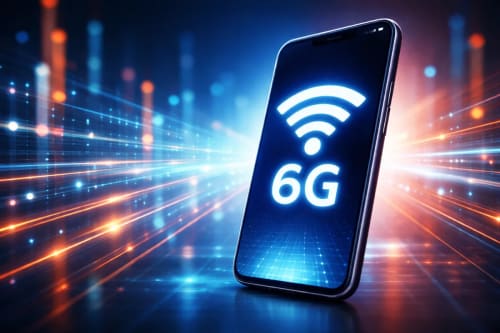 Smartphone con símbolo Wi-Fi y 6G en pantalla sobre fondo digital tecnológico