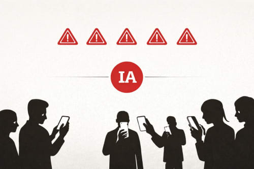Siluetas de personas mirando móviles bajo iconos de advertencia y un símbolo “IA”