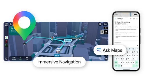 Interfaz de Google Maps con navegación inmersiva y función Ask Maps