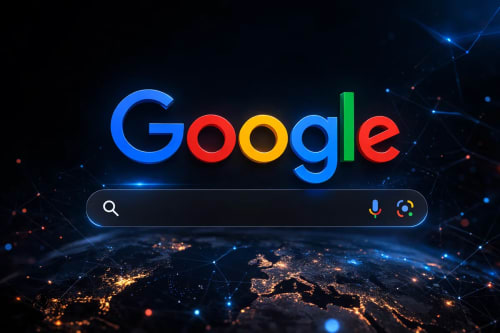 Logo de Google sobre barra de búsqueda en fondo oscuro tecnológico