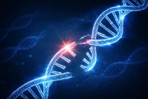 ADN brillante siendo editado con un punto de corte luminoso sobre fondo oscuro