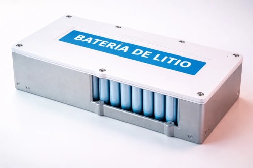 Batería de litio con celdas visibles en módulo metálico