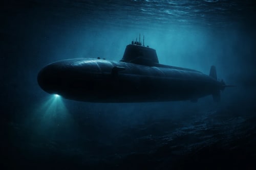 Submarino militar en las profundidades del océano con iluminación tenue y entorno oscuro