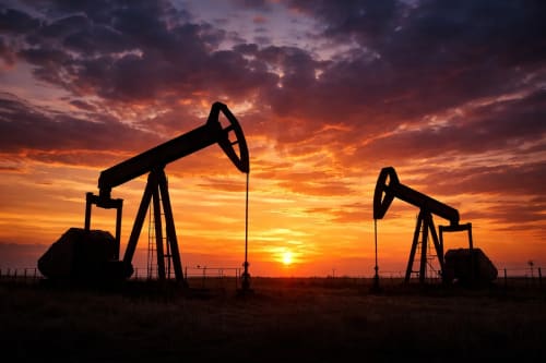 Bombas extractoras de petróleo en silueta al atardecer con el sol en el horizonte