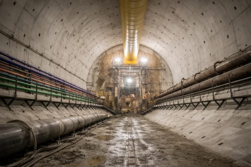 Túnel subterráneo en construcción con tuberías y maquinaria