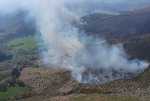 Incendio forestal activo con humo denso extendiéndose sobre una zona rural
