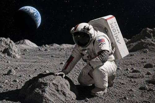 Astronauta en la Luna con terreno rocoso detallado y la Tierra al fondo