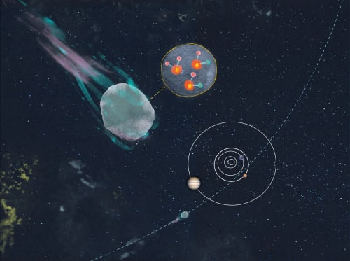 Ilustración del cometa interestelar 3I/ATLAS con su trayectoria y composición de agua ampliada