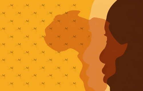 Escena de humanos prehistóricos en África con mosquitos y mapa ilustrado de fondo